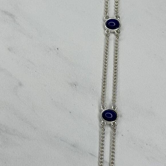 Chico's Blue Cabochon Double Strand Long Silver Tone Chain Link Station Necklace - Picture 5 of 16